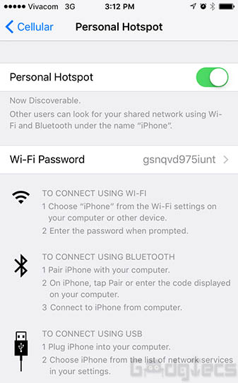 How the screen looks in iOS 9 when you turn on Personal Hotspot